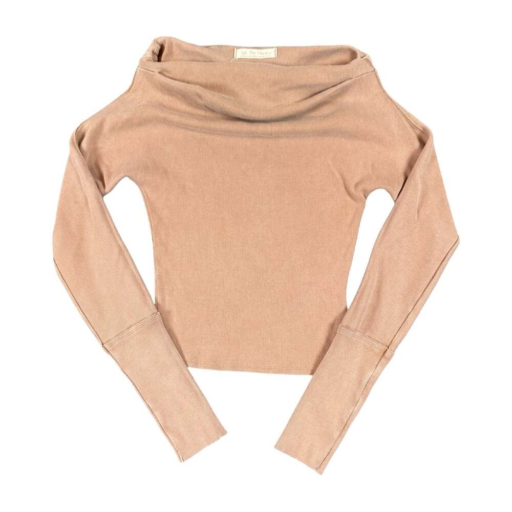 We The Free Ribbed Knit Cowl Neck Long Sleeve Slim Stretch Top Brown M